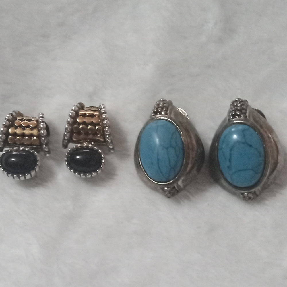 Silver and Gold Tone Earrings Set with Blue and Black Stones